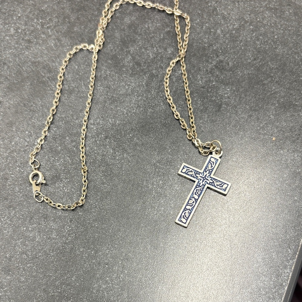 Gold and Blue Cross Pendant Necklace